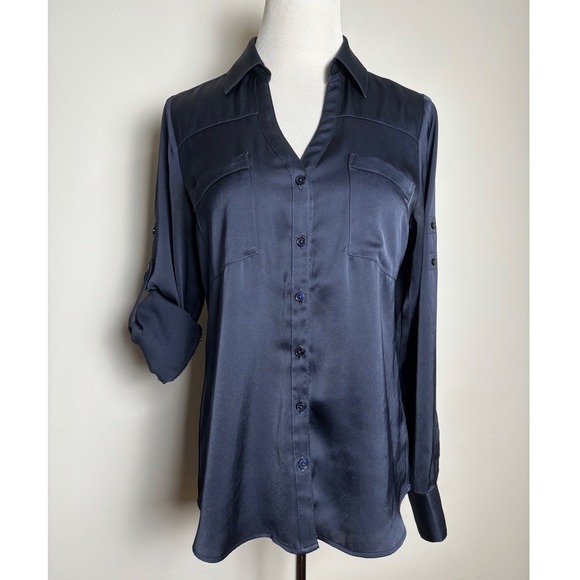 Express Tops - Express Womens The Portofino Shirt XS Black Roll Tab Satin Blouse‎ Dressy Career
